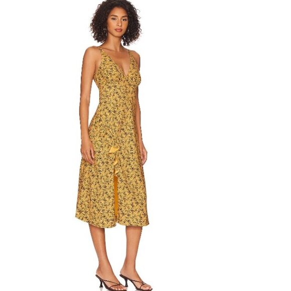 NWT Rhode Irvetta V Neck Side Slit Ruffle Dress Floral Trellis Wheat Size Small - Picture 5 of 16